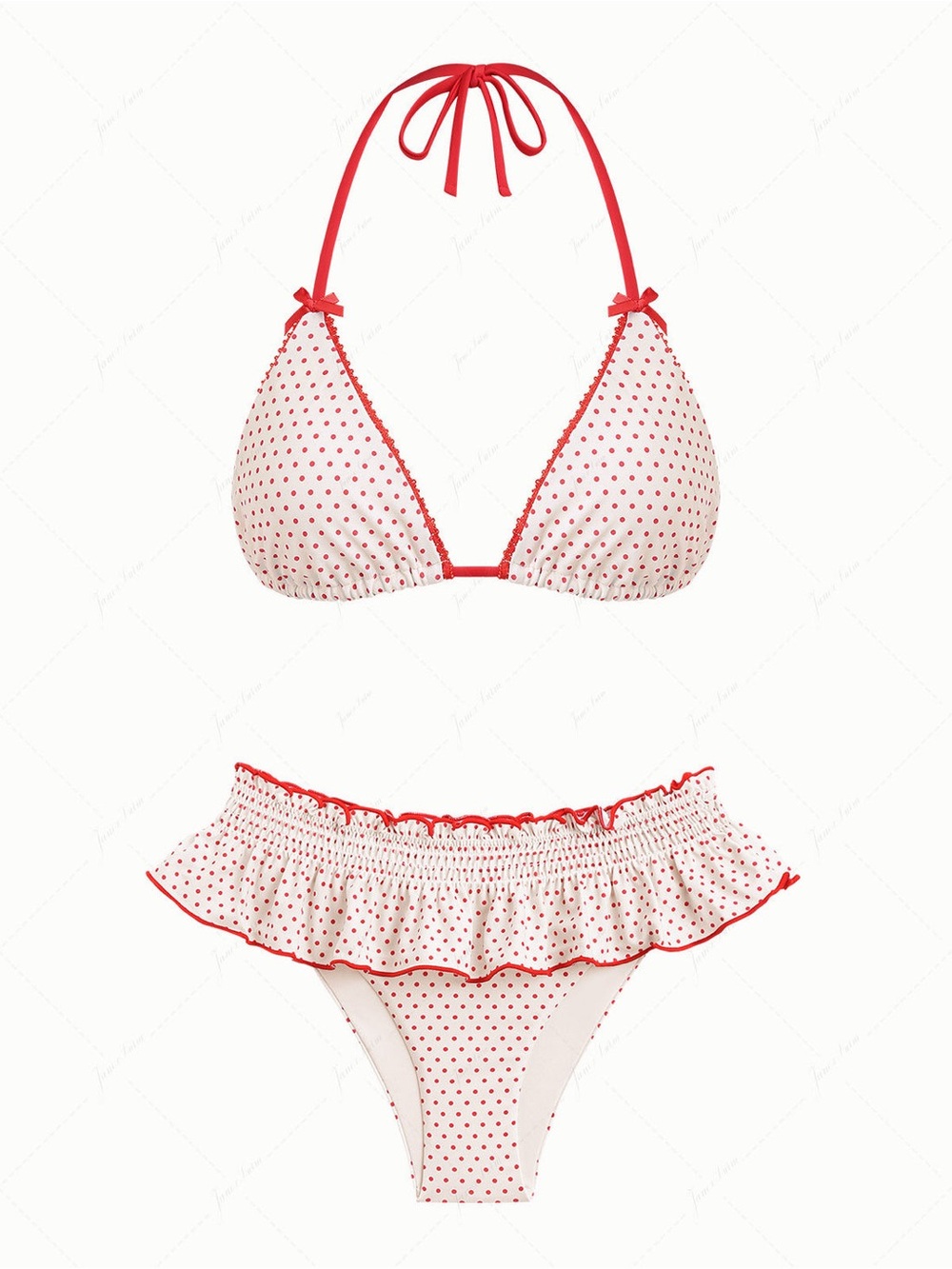 Red Polka Dot Bikini Set with Ruffled Skirt Detail - Picture 6 of 6